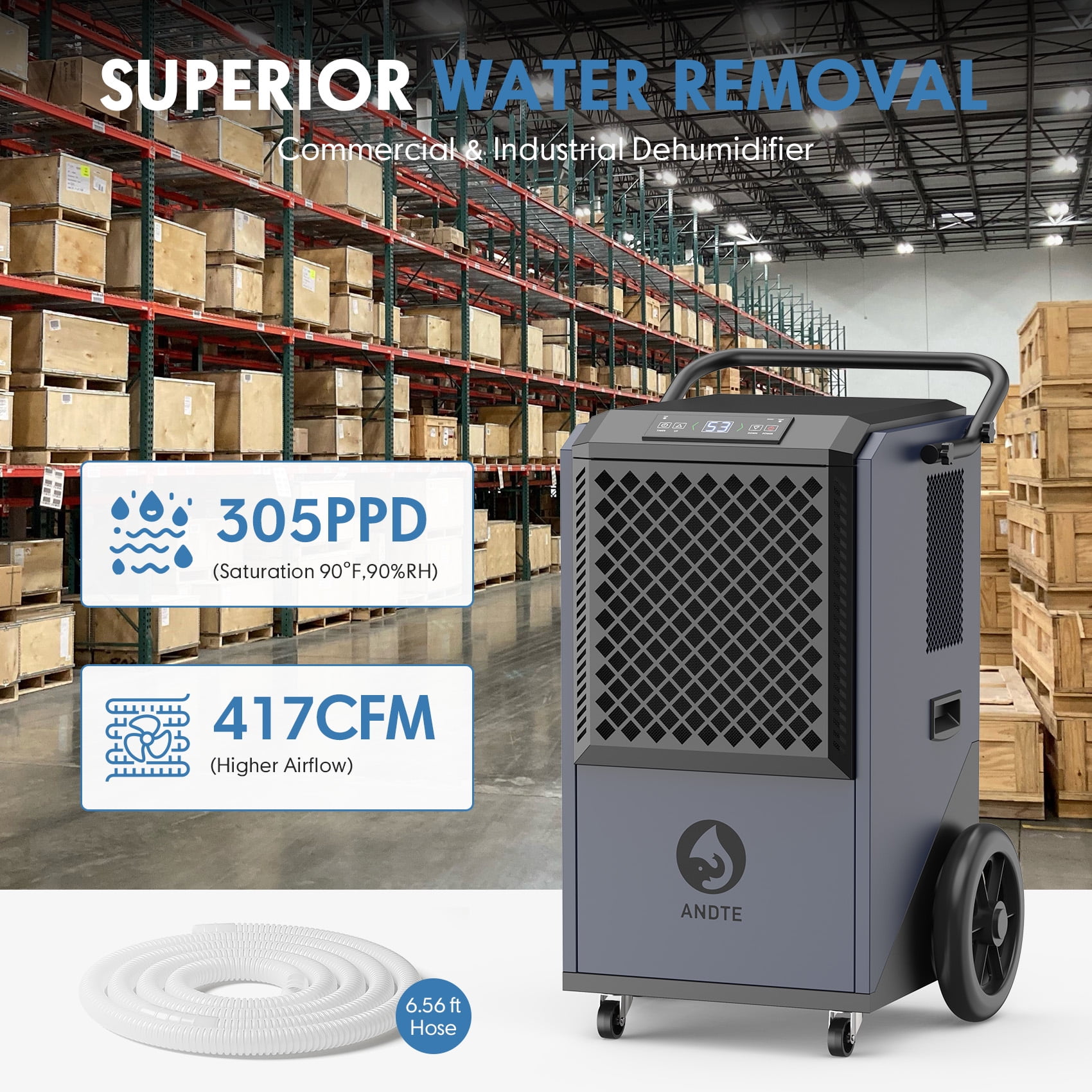 ANDTE 305 Pints Commercial Dehumidifier, Covers up to 5,200 sq. ft, Large Industrial Dehumidifier for Warehouses and Factories