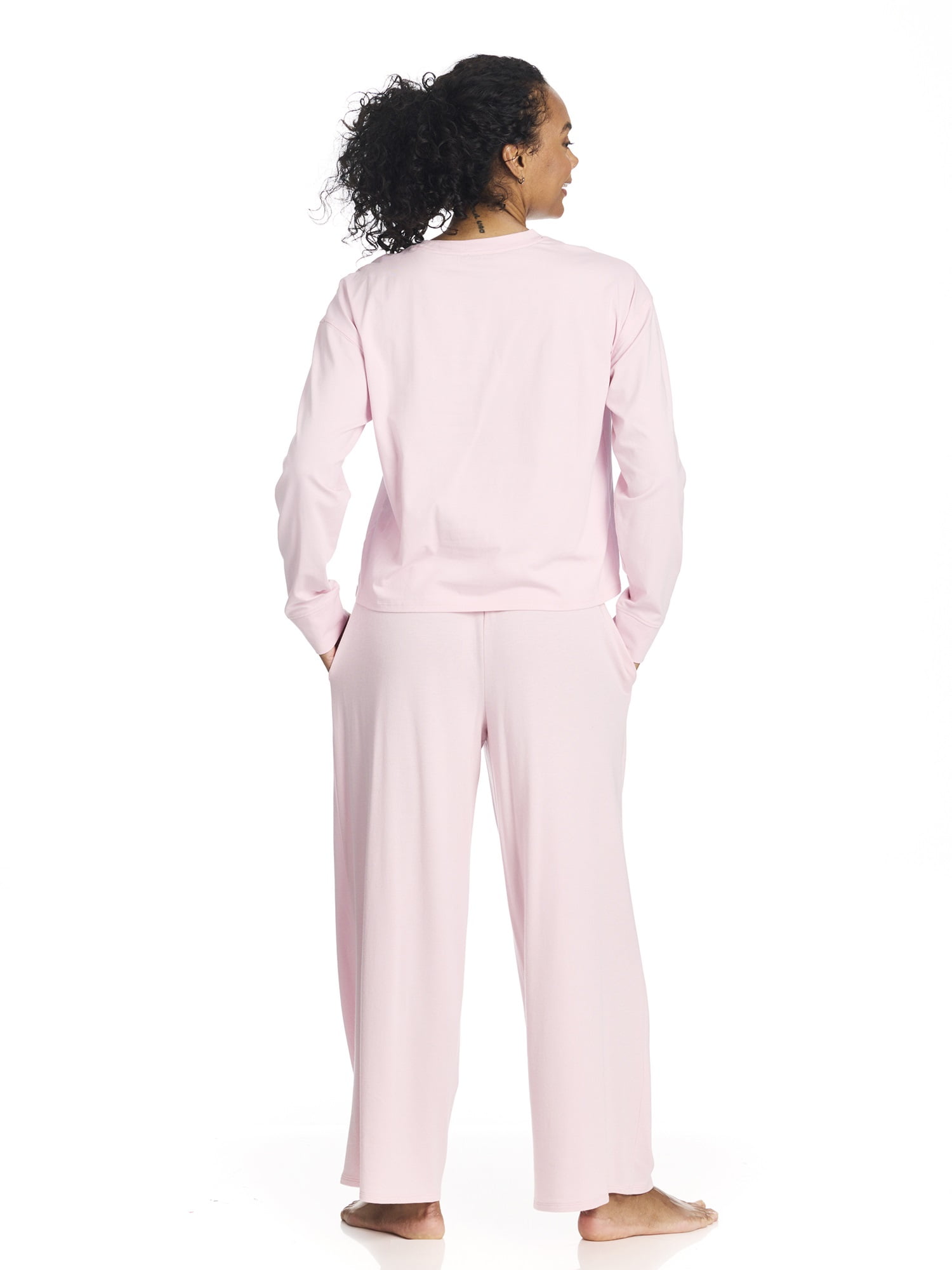U.S. Polo Assn. Women's Long Sleeve Cotton Span Top and French Terry Wide Leg Pant Pajama Sleep Set, 2-Piece, Sizes S-3X