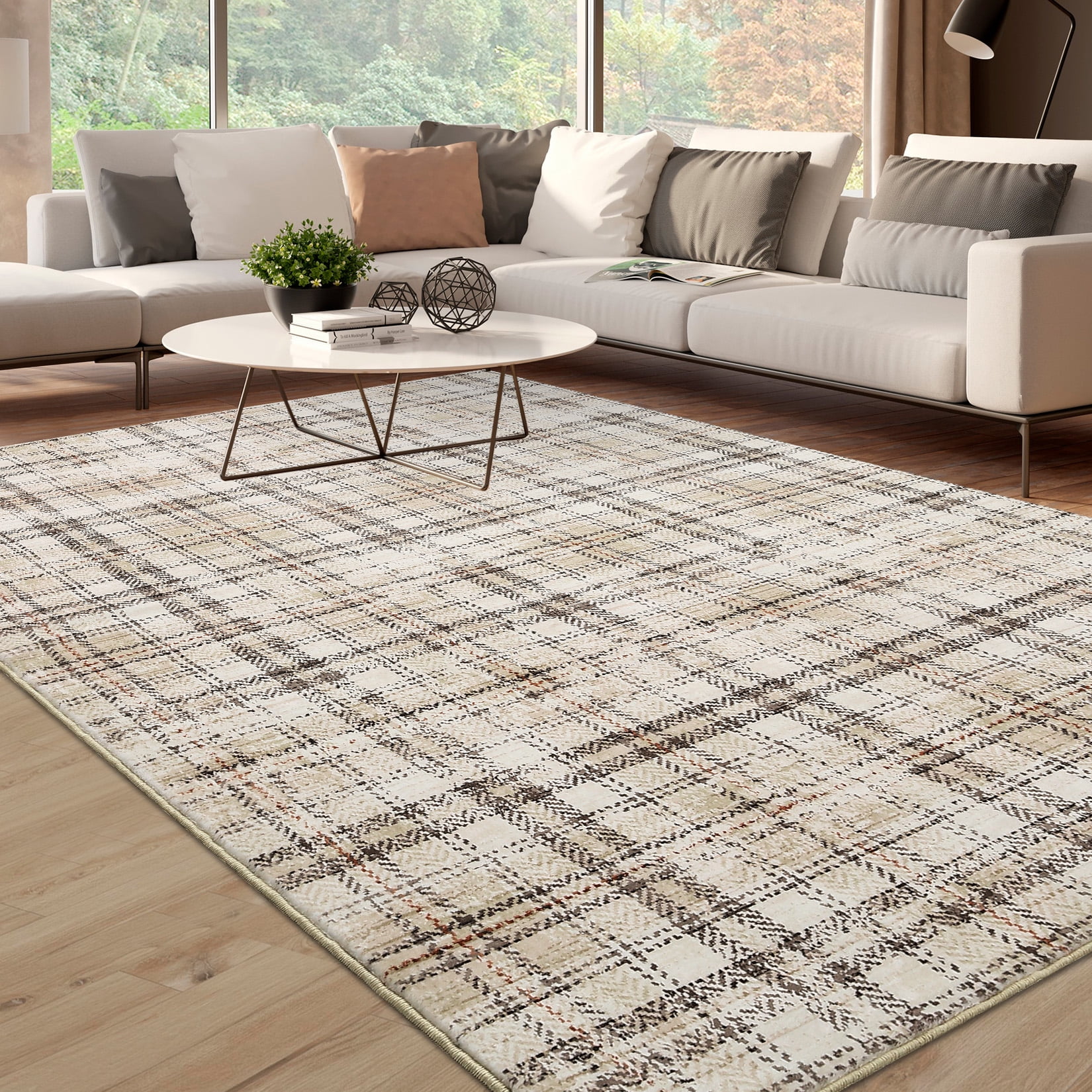 HOMERRY 10' x 13' Area Rug for Living Room Washable Bedroom Plaid Geometric Carpet, Brown/Beige
