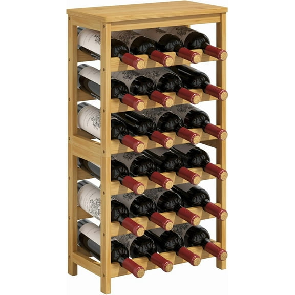 6 Tier Wine Rack Freestanding Floor, 24 Bottles Wine Storage Shelves with Table Top, Stackable Wine Display Rack for Kitchen, Bar, Dining Room, Natural Bamboo Finish