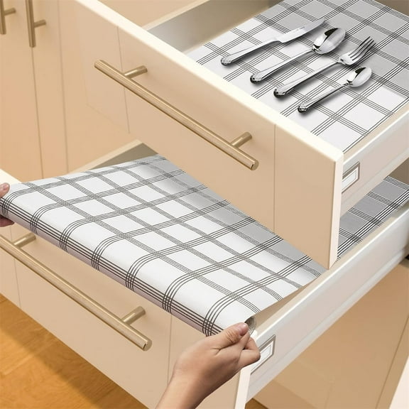 Yayun Drawer and Shelf Liner, Non-Slip Kitchen Cabinet Liners Non-Adhesive Thick Strong Grip Waterproof Washable Mats Protect Dresser Cabinets, White Stripes,12 in x 10 ft