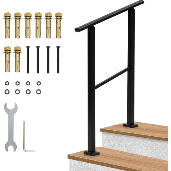 Garvee Hand Rails for Outdoor Steps, 2 Step Stair Handrail & Indoor Stair Railing Kit, Black Railings for Outdoor Steps and Hand Rails for Seniors for Porch Railing & Deck Hand Rail