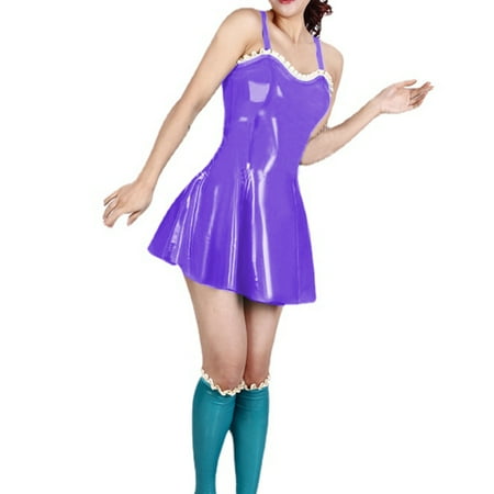 Sexy Women PVC Strap Cami Sheath Mini Dress Lingerie Costume Women Ruffles Hem A-line Dress Party Clubwear