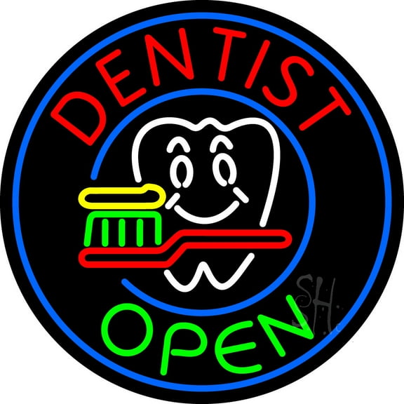 Round Dentist Open LED Neon Sign 26 x 26 - inches, Black Square Cut Acrylic Backing, with Dimmer - Bright and Premium built indoor LED Neon Sign for Defence Force.