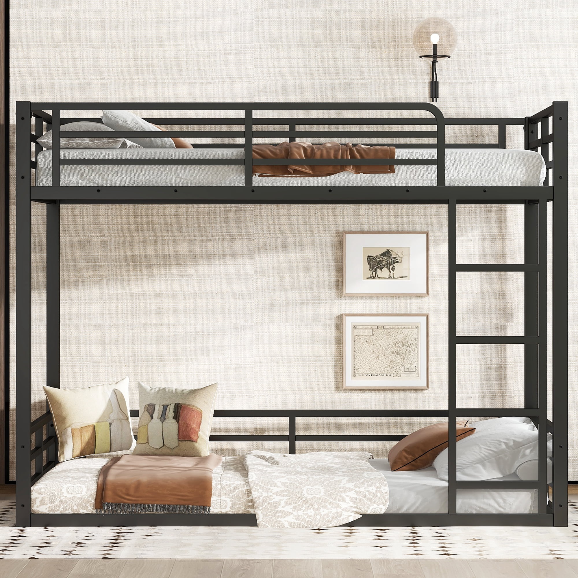 Leumius Metal Bunk Bed,Twin XL over Twin XL Floor Bunk Bed Frame for Kids/Teens/Adults,Space-Saving/Noise Reduced/No Box Spring Needed,Black