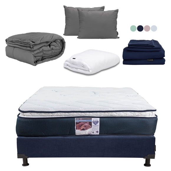 Colchón Queen Size Monaco + Box Base Cama + Almohada 2Pack + Protector Cloud + Sabanas Softy + Edredon Homy