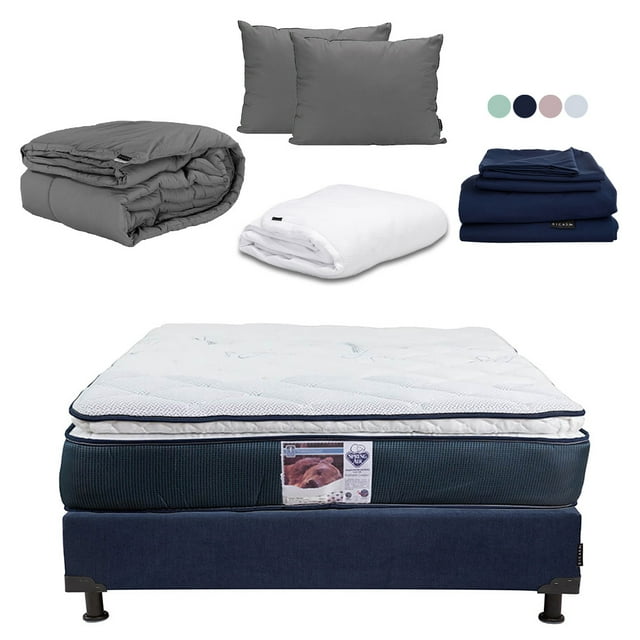 Colchón Queen Size Monaco + Box Base Cama + Almohada 2Pack + Protector Cloud + Sabanas Softy + Edredon Homy