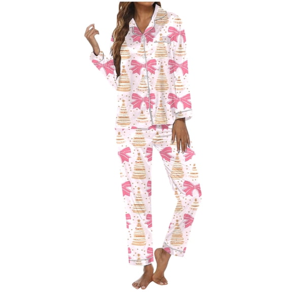 Solara Christmas Pajamas Womens Silk Satin Button Down Sleepwear Holiday Matching Pjs Comfy Long Pants Lounge Set S-XXXL (Light Pink,X-Large)