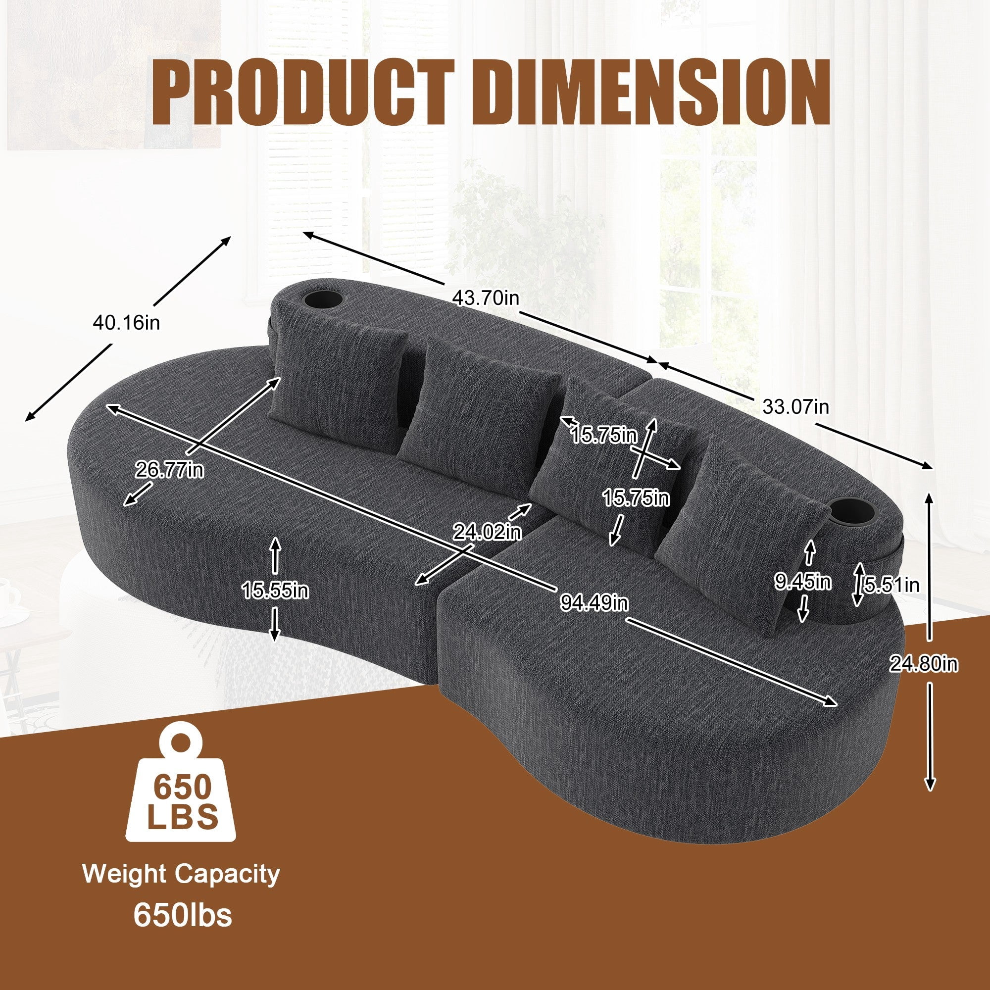 Sailvan Modern Curved Sectional 3 Seat Sofa,Minimalist Half Moon Modular Couch for Living Room,Office and Apartment,Soft Chenille Fabric Dark Gray