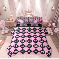 Manfei Teens Pink Black Bowknot Bedding Comforter Set 7 Pieces, Cartoon Buffalo Plaid Full Bedding Set, Kawaii Princess Ribbon Reversible Fitted Sheet Flat Sheet, Breathable Home Decor