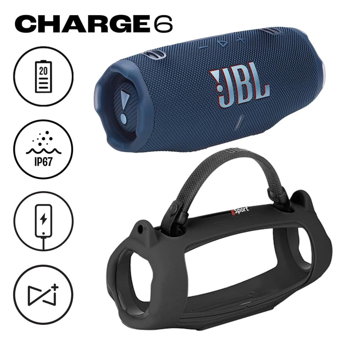 JBL Charge 6 Waterproof Portable Speaker Bundle with gSport Silicone Sleeve (Blue)