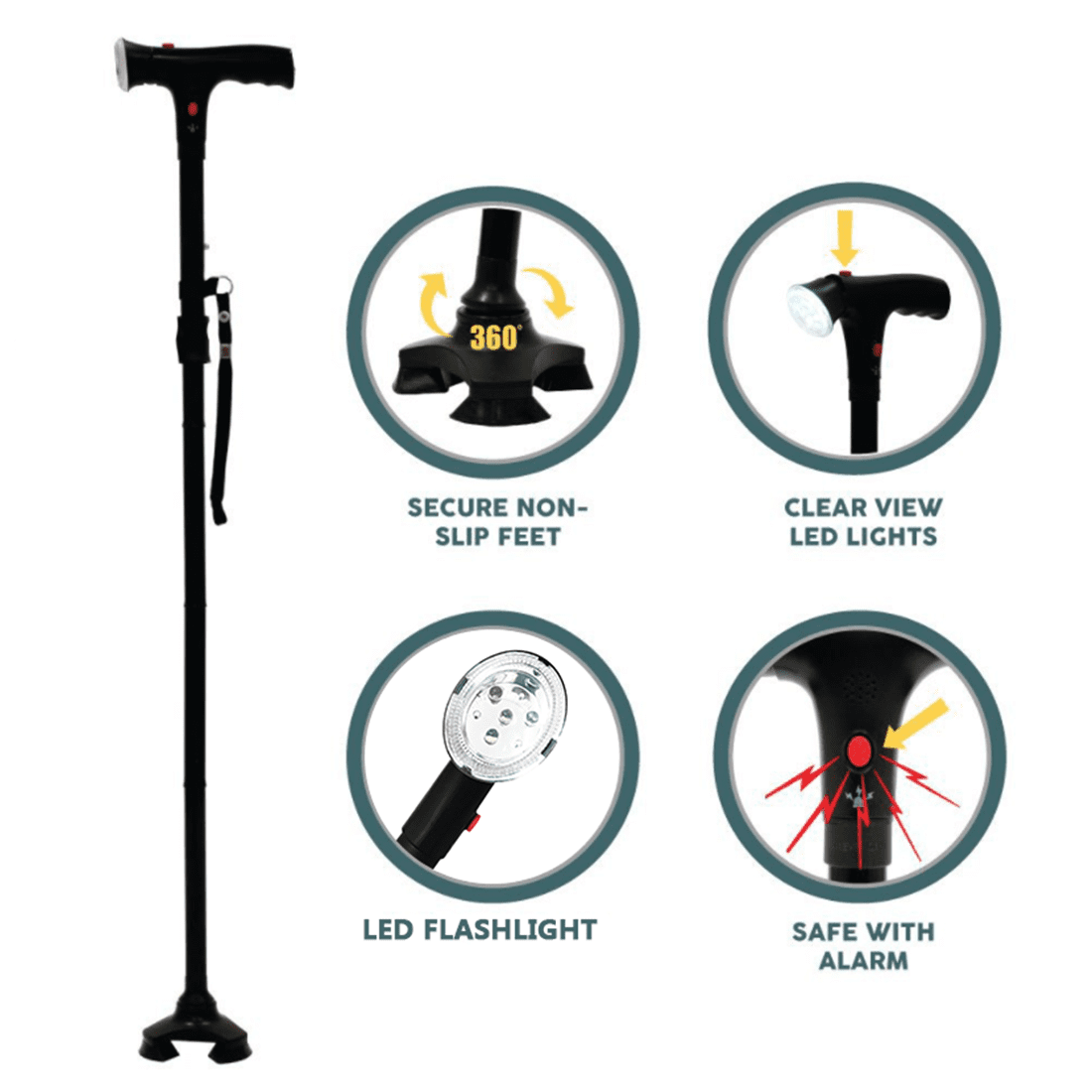 Adjustable Height Folding Walking Cane with LED Light & Alarm Button, 4-Prong Anti-Slip Base, Aluminum Alloy Telescopic Cane with Side Armrest for Elderly