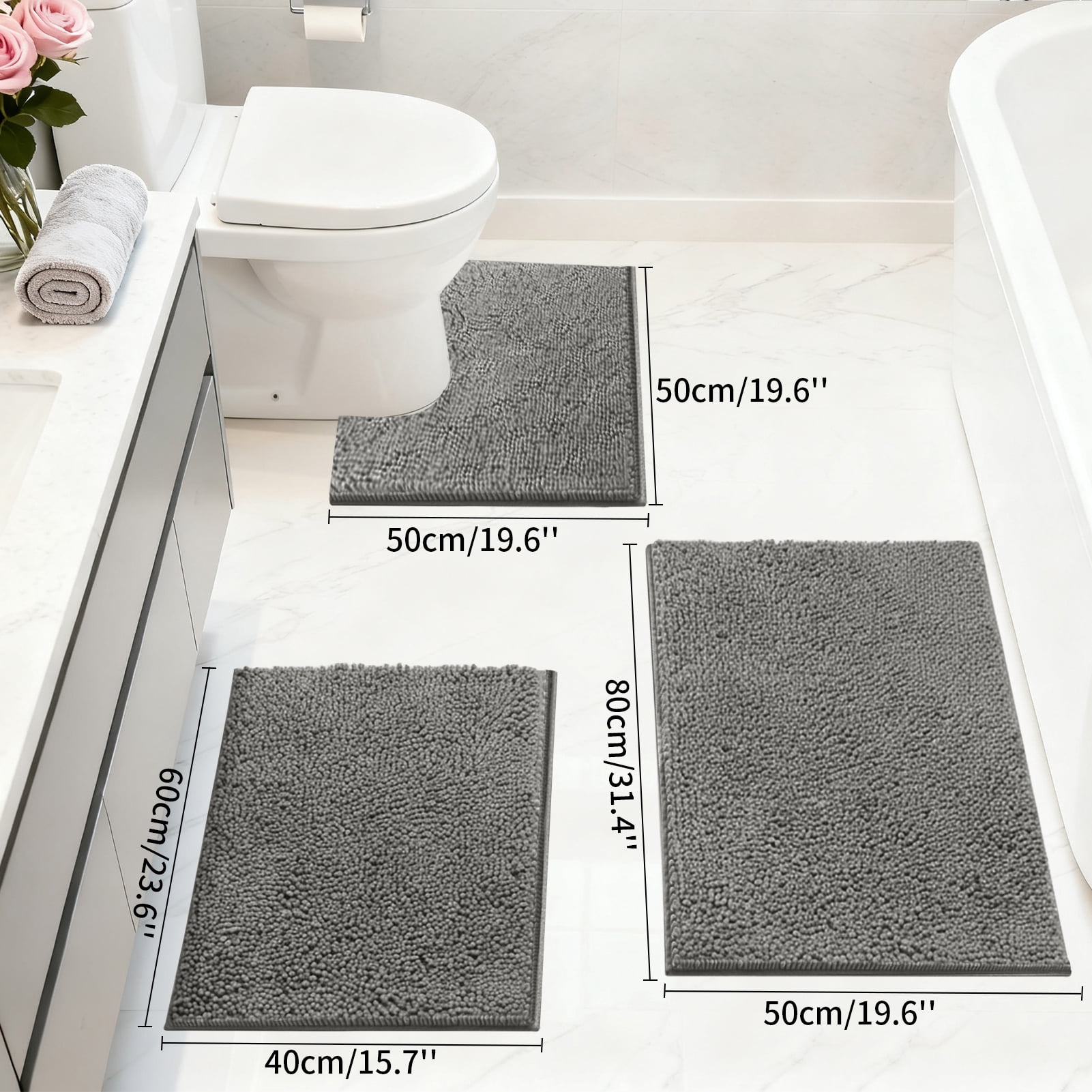 3 Pieces Bath Mat Set, Soft Chenille Bathroom Rugs Mat, Absorbent Spa Shaggy Bath Rugs Set, Machine Washable & Non Slip Bath Mats for Bathroom, Tub, Shower（Dark grey）
