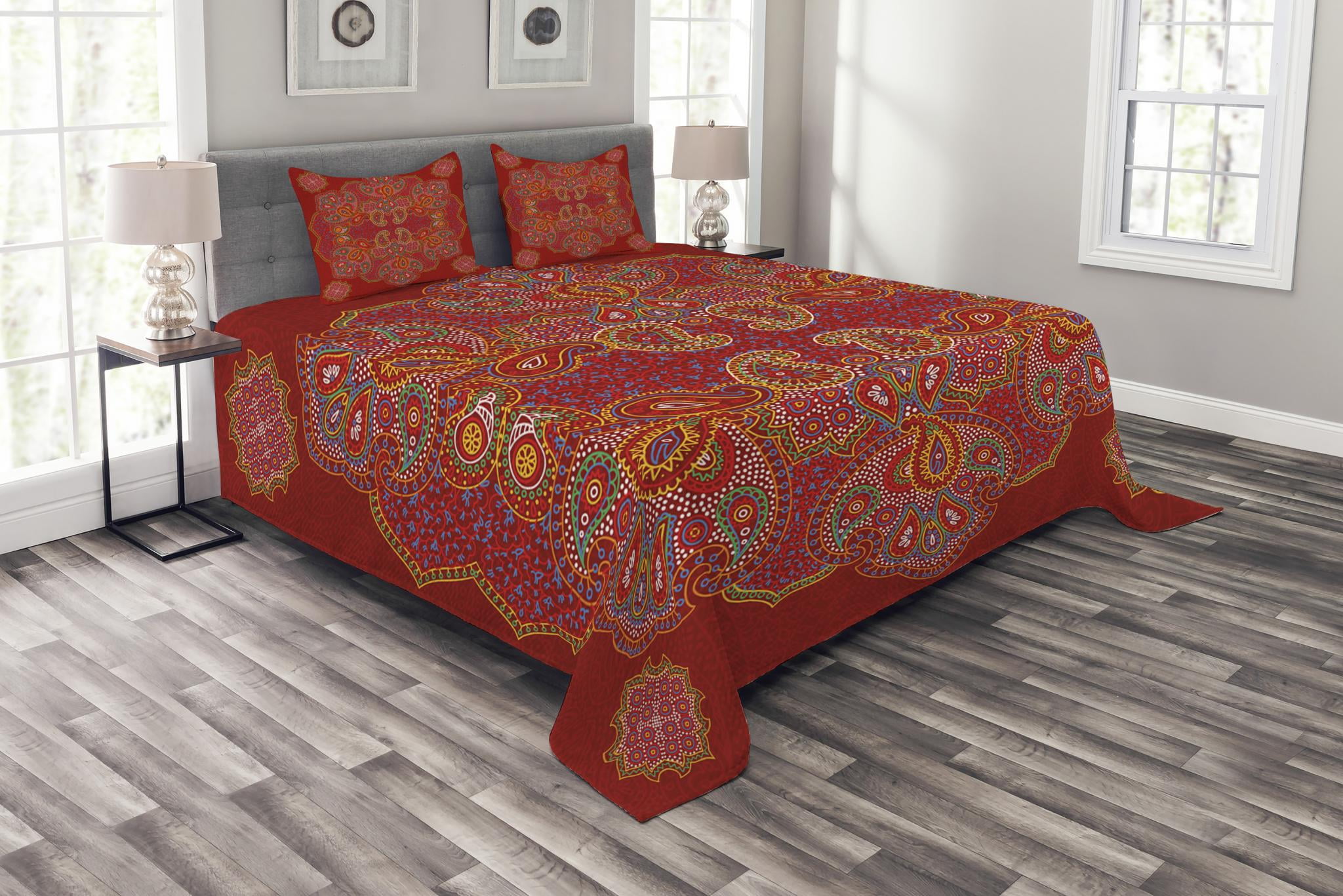 Leaf Quilted Bedspread & Pillow Shams Set Orange Arabian Mandala Print Leaf Quilted Bedspread & Pillow Shams Set Orange Arabian Mandala Print