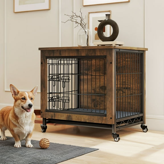 Uforic 27" Dog Crate Furniture with Cushion & Tray, Wooden Indoor Dog Kennel End Table for Small Dogs, Rustic Brown
