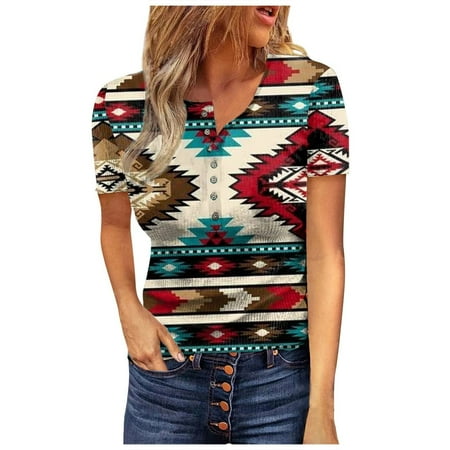 

Women s Short Sleeve Elastic Round Neck Printed Buttons Tops Blouse T-shirt Button T-shirts Wine XL
