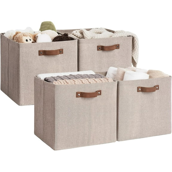 13x13 Inches Storage Cube, Fabric Storage Bins with PU Handles, Collapsible Organizer Baskets for Closet, Brown and Beige, 4-Pack