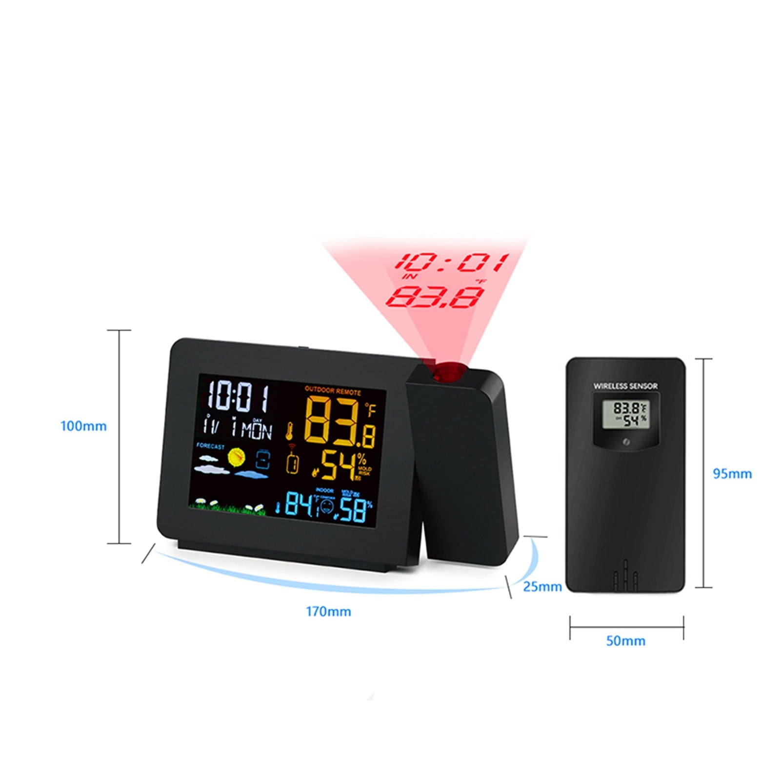 2 Outdoor Sensors Projection Alarm Clock Weather Station Colorful Backlight With Humidity indoor Temperature Time Projector ,Easy to Operate