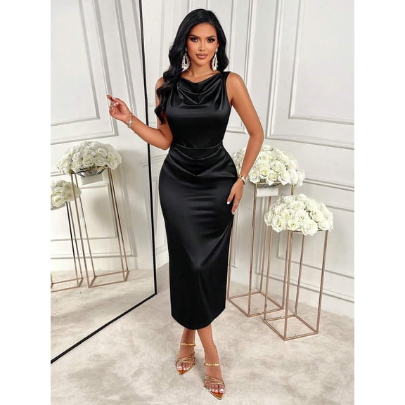 Black Solid Satin Midi Dress - Sleeveless Cowl Neck, Waist-Cinched Pleated Fit, Elegant For Evening Events