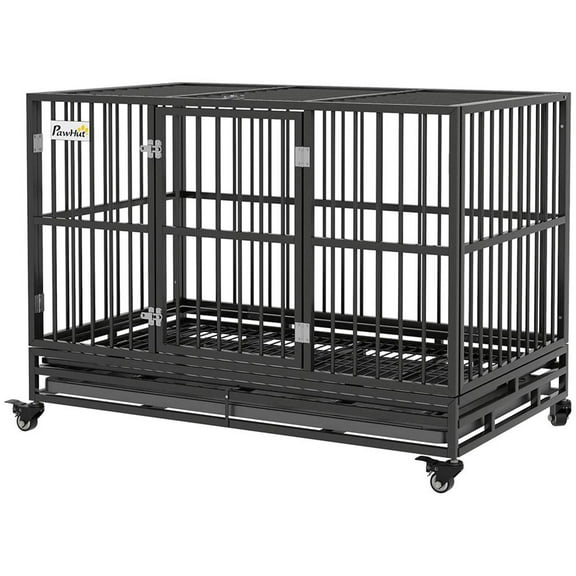 GVN Dog House, Dog Shelter,Dog Crate,48" Dog Crate Metal Cage Kennel with Double Door and Removable Tray, Gray