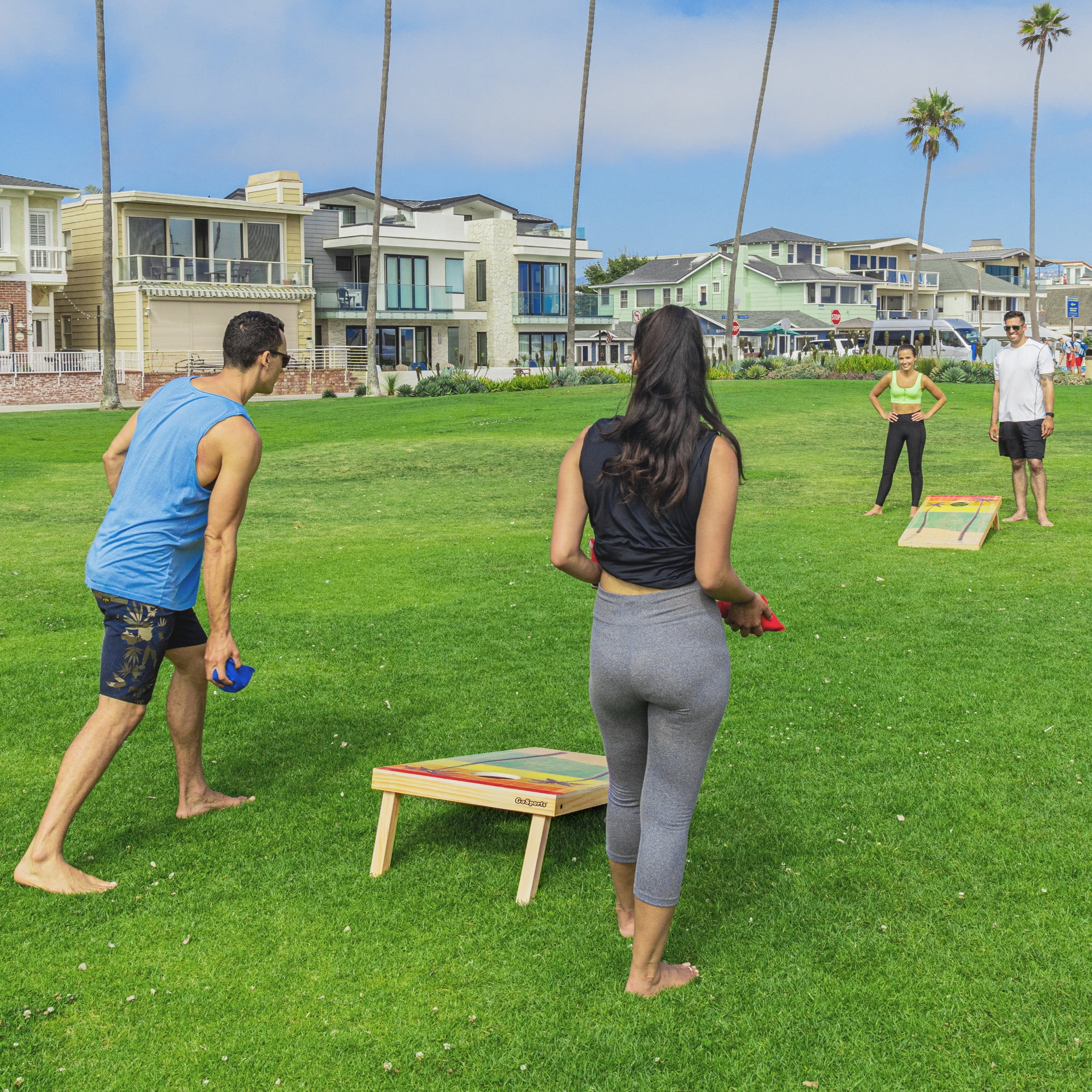 GoSports Regulation Size Premium Wooden Cornhole Set - Includes Two 4' x 2' Boards, 8 Bean Bags, Carrying Case and Game Rules - Retro Beach