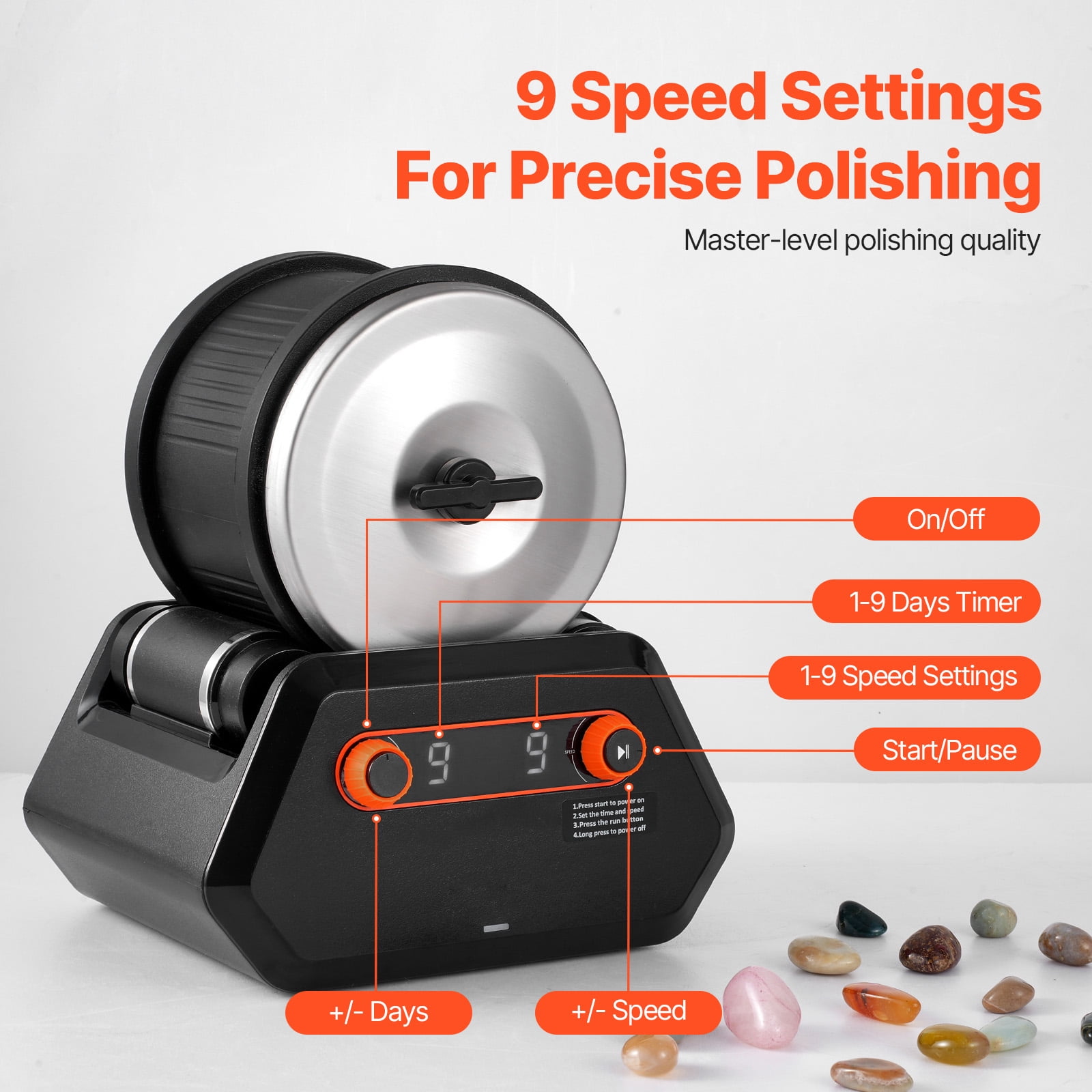 KFFKFF Rock Tumbler Machine, 4 lbs Stone Refinement Bundle, 9 Velocity Adjustments 9-Day Refinement Countdown Stone Refinement Bundle, Stone Smoother with Unrefined Gemstones and Refinement Grains