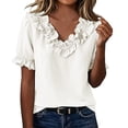 thumbnail image 2 of Yutgune Women's Ruffle Trim V-Neck Blouse Short Puff Sleeve Solid Casual Top Elegant Summer Wear, S-2XL, 2 of 7