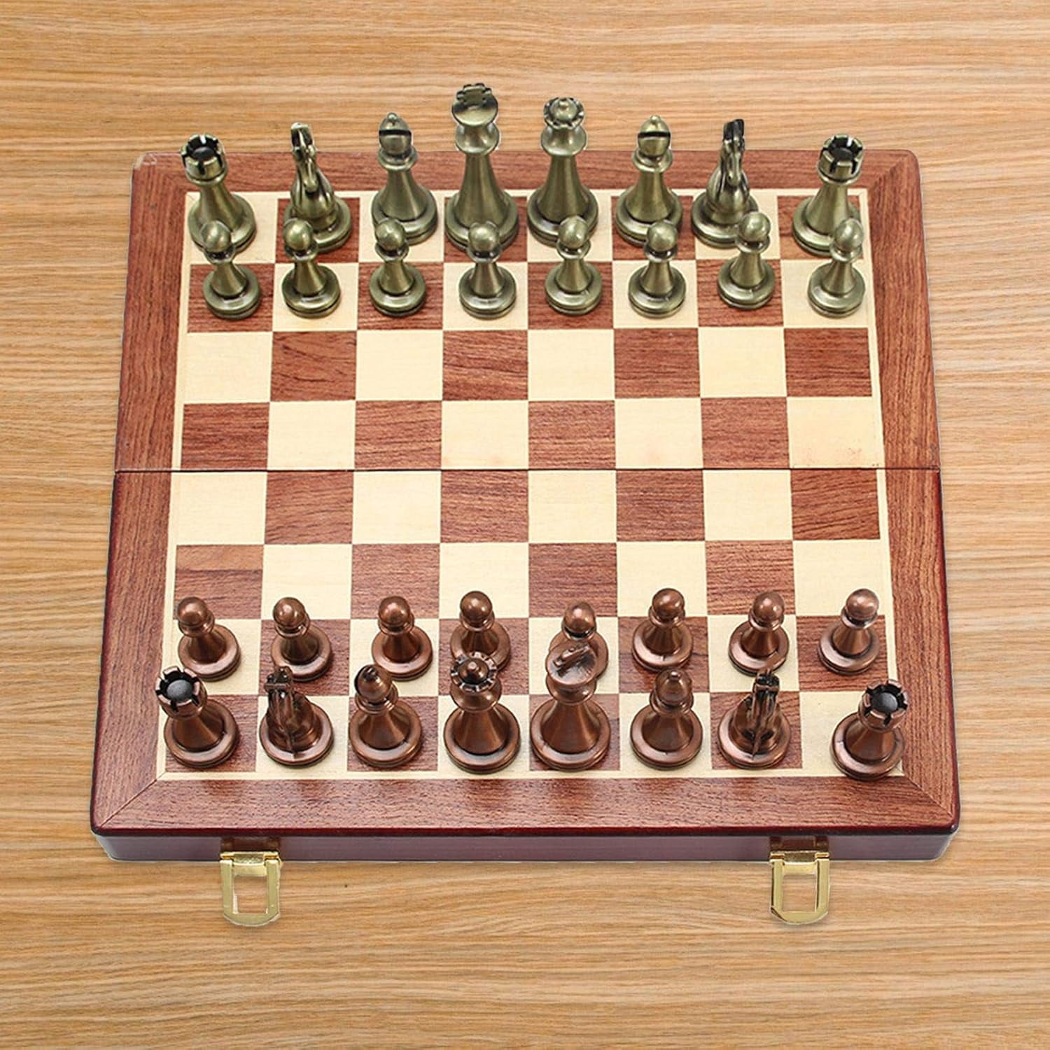 Chess Set, Large Metal Deluxe Retro Copper Plated Alloy Adult Set Board Game Portable Wooden Box Storage Folding -