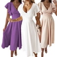thumbnail image 3 of Fjuchai Robes en Chiffon pour Femmes Manches Courtes Col en V Robe Décontractée à Volants S-TTG, 3 of 9