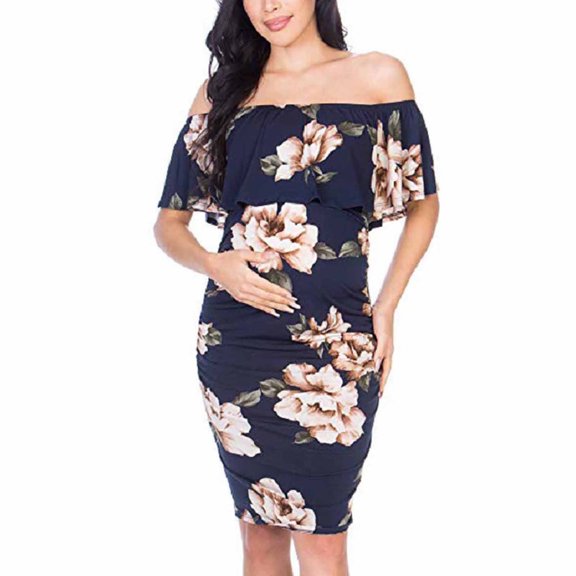 BRGZLK Women's Off The Shoulder Ruffle Maternity Dress Summer Elegant Ruched Bodycon Knee Length Baby Shower Pregnancy Dress For Casual Formal Occasions
