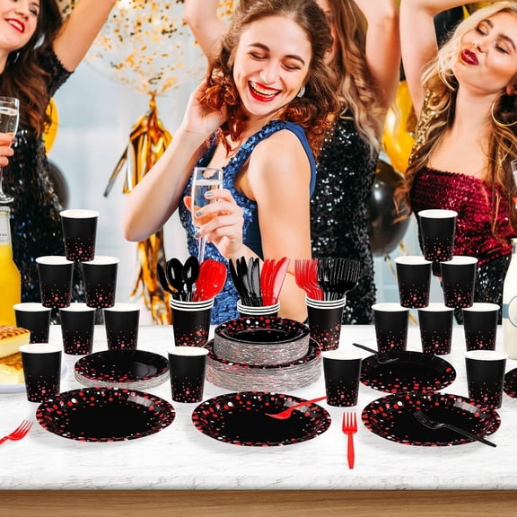 560Pcs Black and Red Party Decorations Set for 80 Guests with Plates Napkins Cups Cutlery