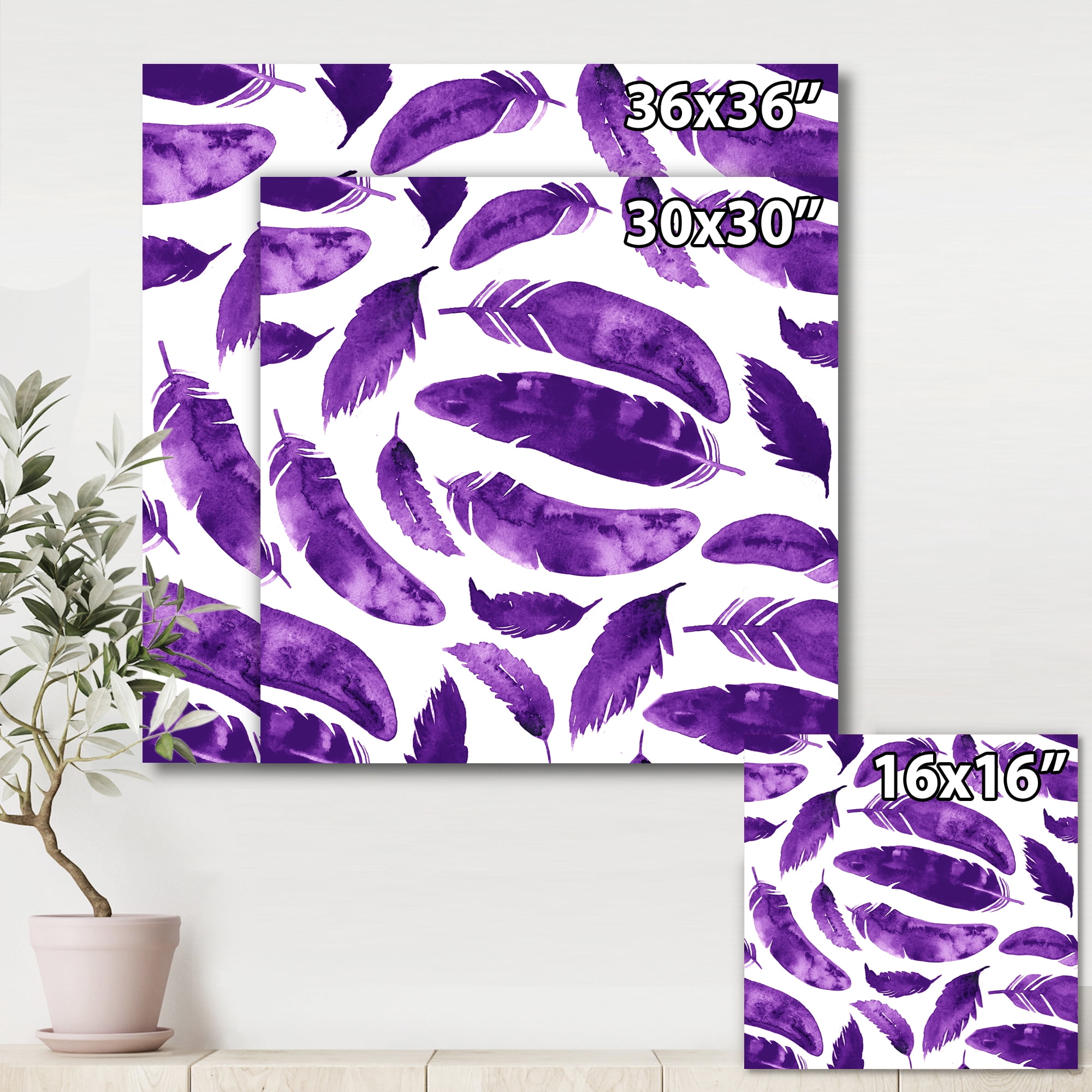 Designart ' Ethnic VIolet Feathers On White ' Bohemian & Eclectic Canvas Wall Art Print