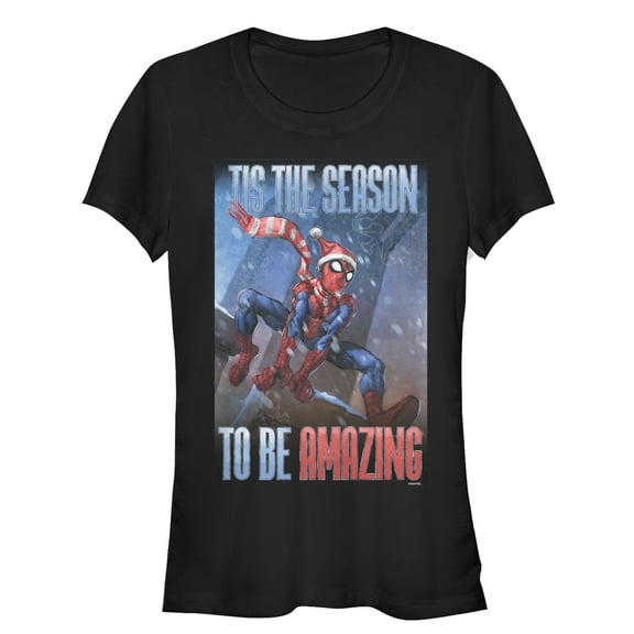 Junior's Marvel Amazing Santa Spider-Man  Graphic Tee Black Small