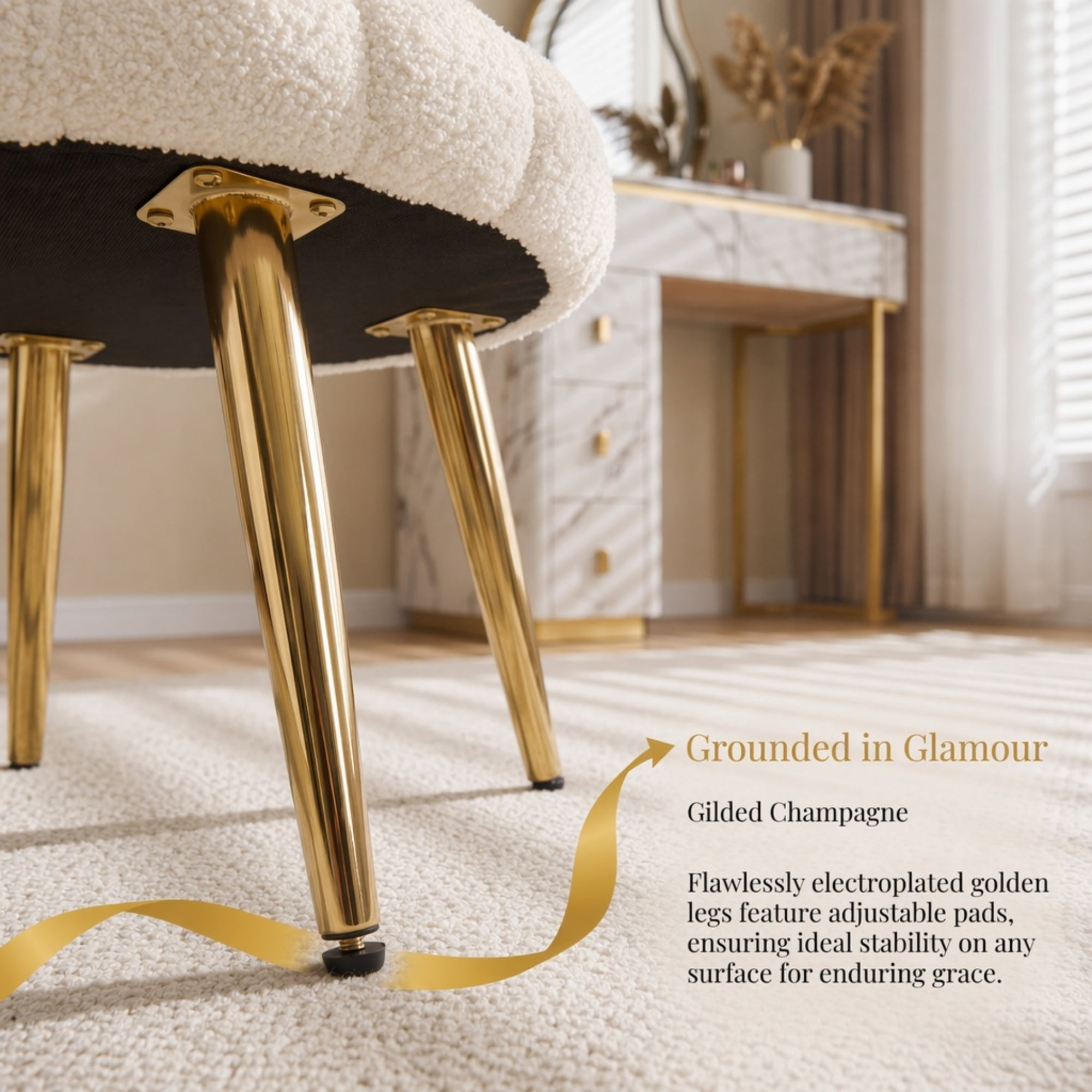 Ktaxon Vanity Makeup Chair with Teddy Velvet, Shell Design Accent Desk Chair with Lumbar Pillow and Gold Legs, Office Seating for Women Light Khaki