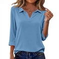 thumbnail image 4 of KDDYLITQ Womens Shirts Cotton Linen Basic 3/4 Sleeve Tops Collared Solid Color Casual Polo Shirts Work 2026 Blouse Blue XL, 4 of 6