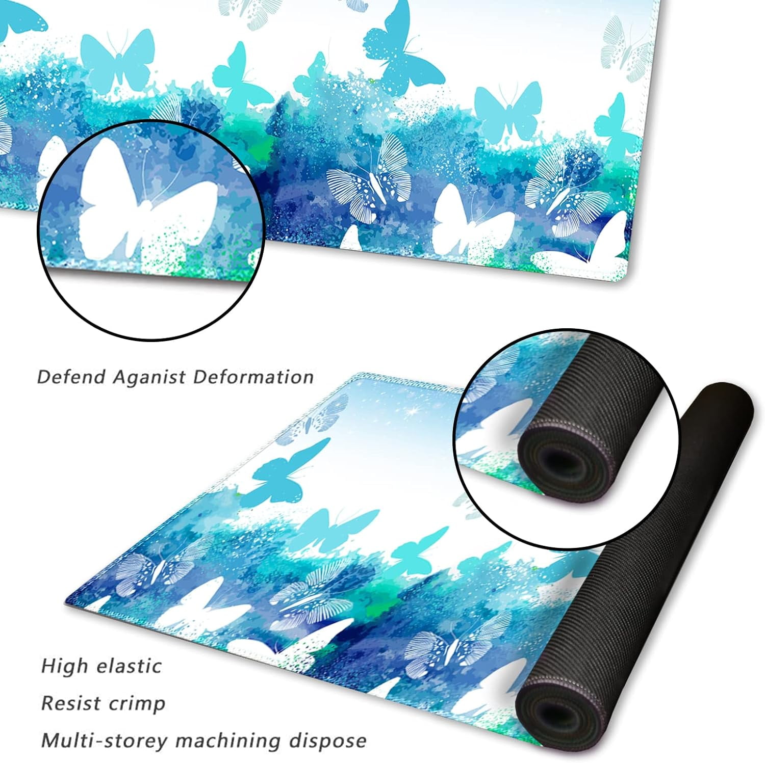 Large Gaming Mouse Pad with Stitched Edges, XXL Extended Keyboard Mat Long Mousepad Desk Decor Writing Pad 35.1x15.7 in, Non-Slip Base for Work, Game, Office, Home, Blue Butterfly