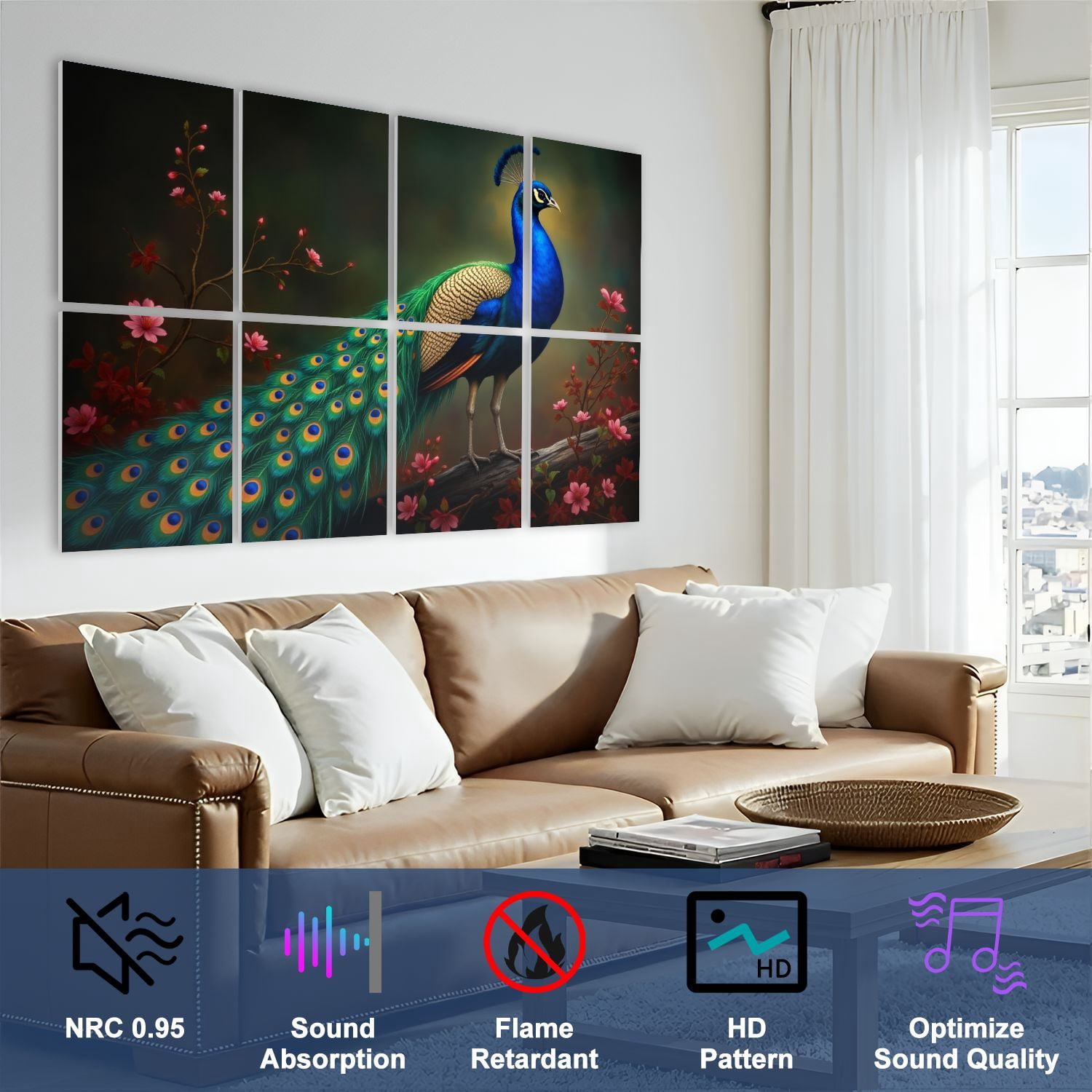 Vintage 8 Pack Art Acoustic Panels Sound Absorbing Vibrant Peacock Long Feathers Amid Red Blossoms Elegant Decorative Soundproof Wall Panels Self Adhesive for Nursery Game Room Bedroom 48"x32"