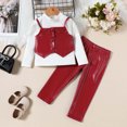 thumbnail image 2 of Odeerbi 2-7 Years Toddler Girls Outfits Long Sleeve Shirt Leather Pants Leather Camisole Waistcoat Three-piece Set High Neck Solid Color Casual Loungewear Toddler Girls Clothes, 2 of 4