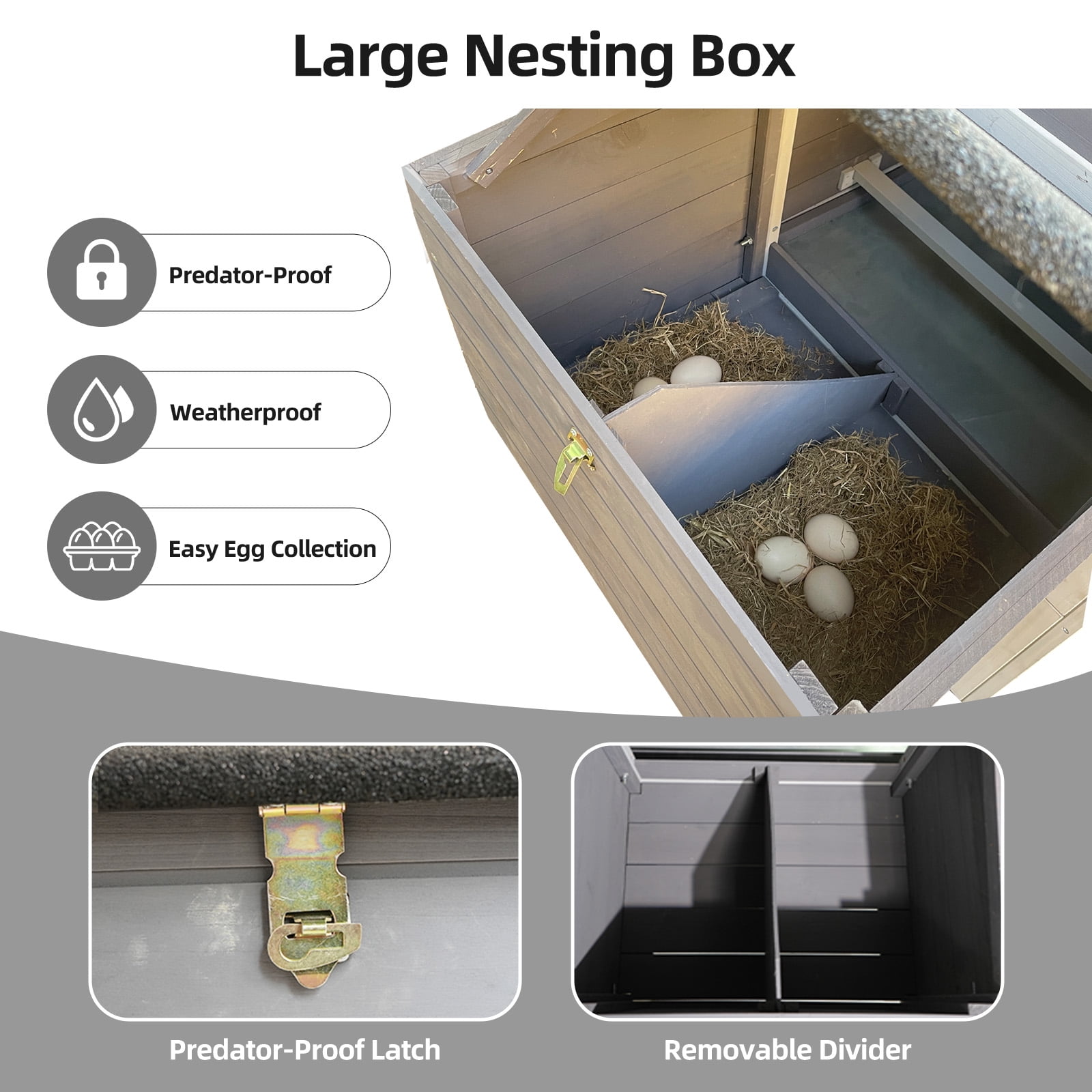 Wooden Chicken Coop, Large Outdoor Hen House with Run and Nesting Box Poultry Cage, Rabbit Hutch, Waterproof Anti-UV Panel for Backyard, Gray