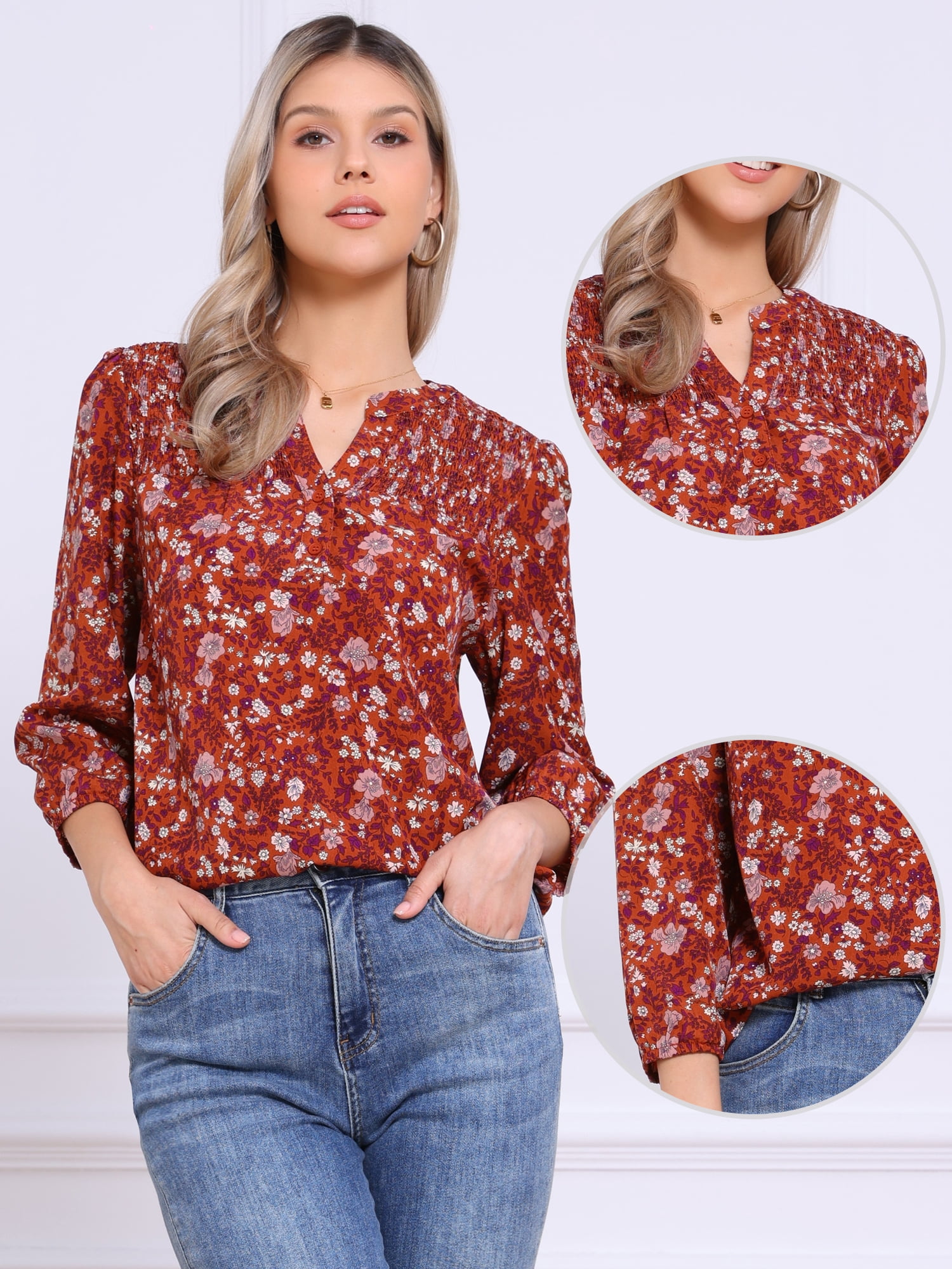 DARING DIVA Women's Floral 3/4 Sleeve Smocked Front V Neck Blouses M Dark Orange