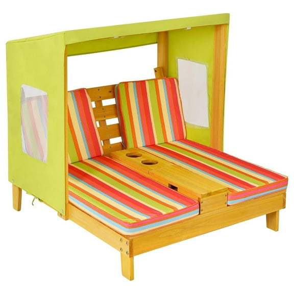 YeSayH Kids Double Chaise Lounge Outdoor, 2-Seat Patio Lounge Chair with Cup Holders & Cushions, Kids Beach Chair with Canopy, Wood Patio Furniture for Children Boys Girls 3-8 Year Old