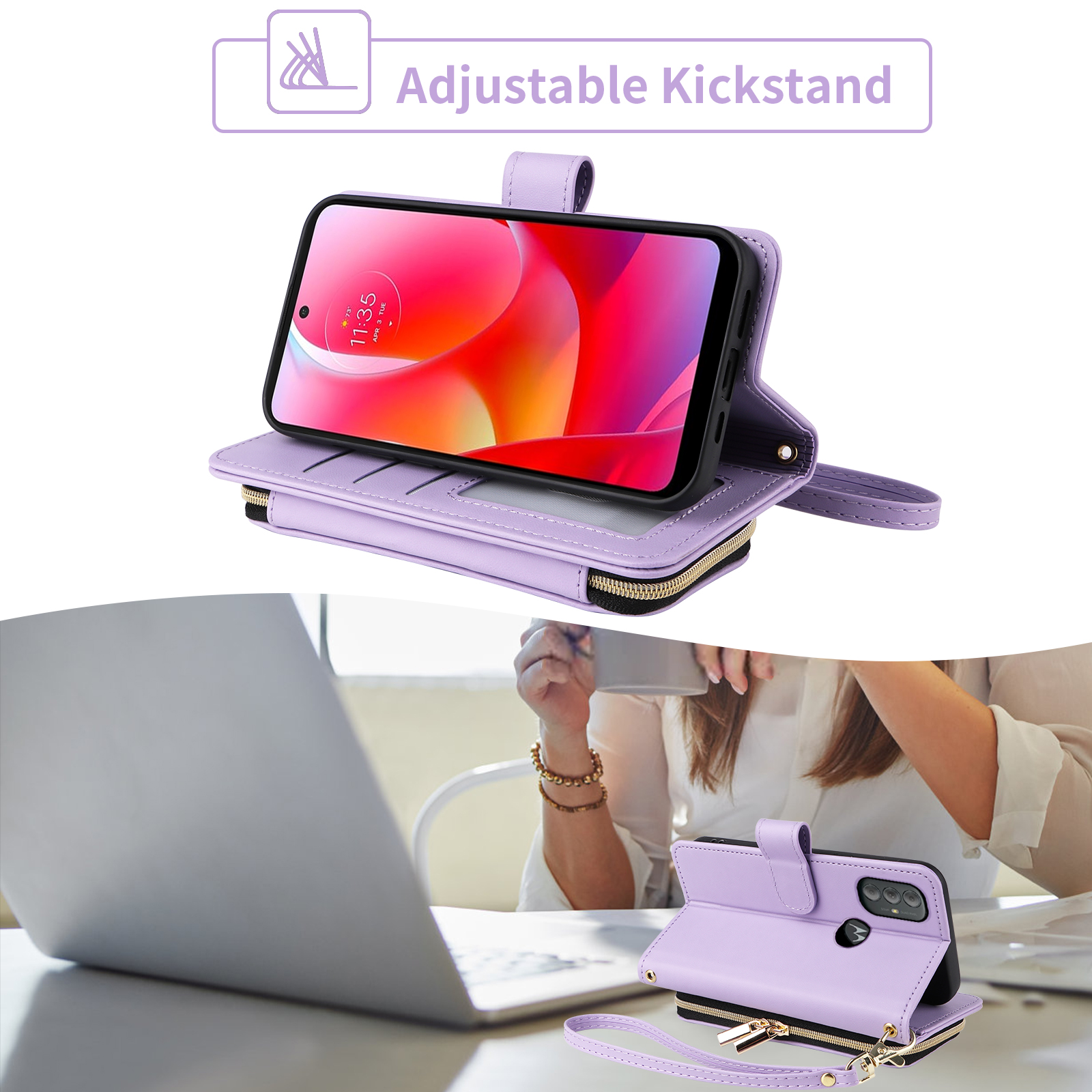 Furiet Argyle Wallet Case for Motorola Moto G Power 2022/MotoG Play 2023/G Pure 2021 with Wrist/Shoulder Strap Zipper Purse Slots Stand Phone Cover for XT2165DL XT2163DL XT2165-5 XT2271-5 Purple