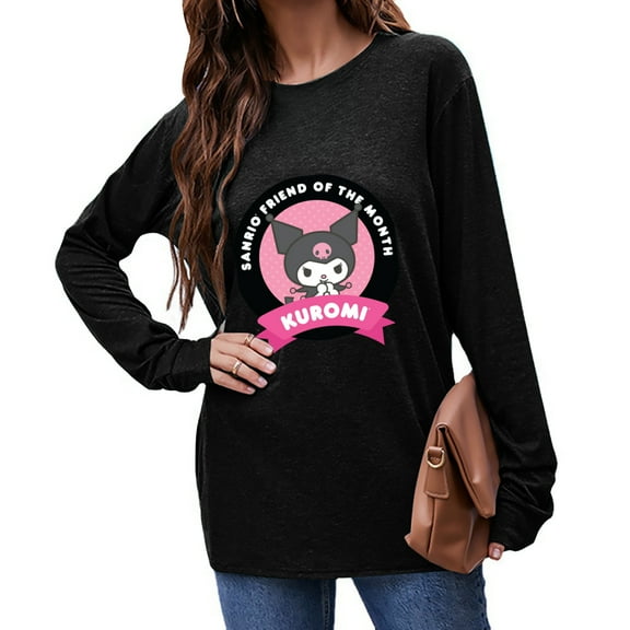 Kuromi Long Sleeve Shirts for Women Casual Crew Neck Basic Fall Tops Loose Fit Comfy Black