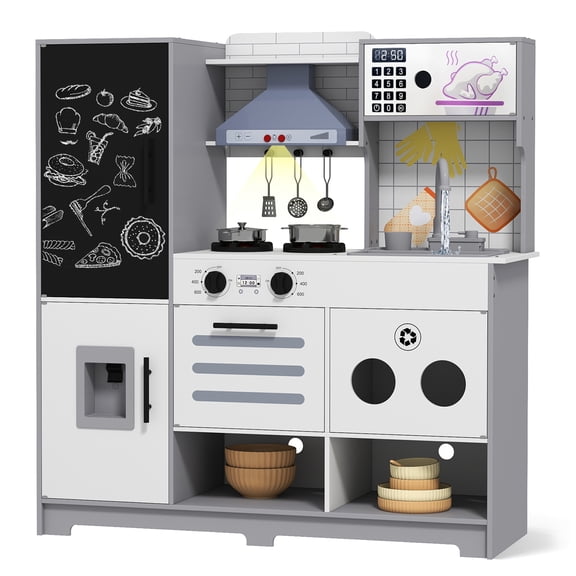 Kids Wooden Pretend Play Kitchen Set Toddlers Gift with Cooking Toys, Sounds, Lights, Blackboard, Sink with Running Water