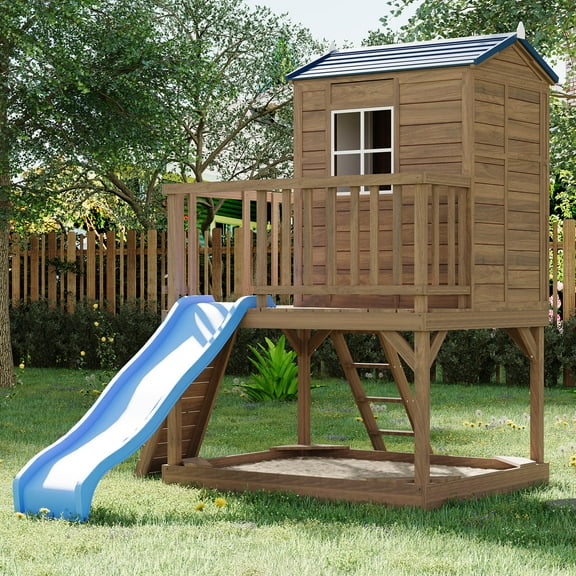 Ataucjin Kids Outdoor Playhouse with Slide, 2 Story Wooden Playhouse with Sandbox, Elevated Cedar Wooden Kids Playhouse with Step Ladder(ship in 3 boxes)