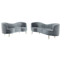 Benjara Enzo 2pc Living Room Sofa Set, Modern Curved, Gray Channel Tufted Velvet