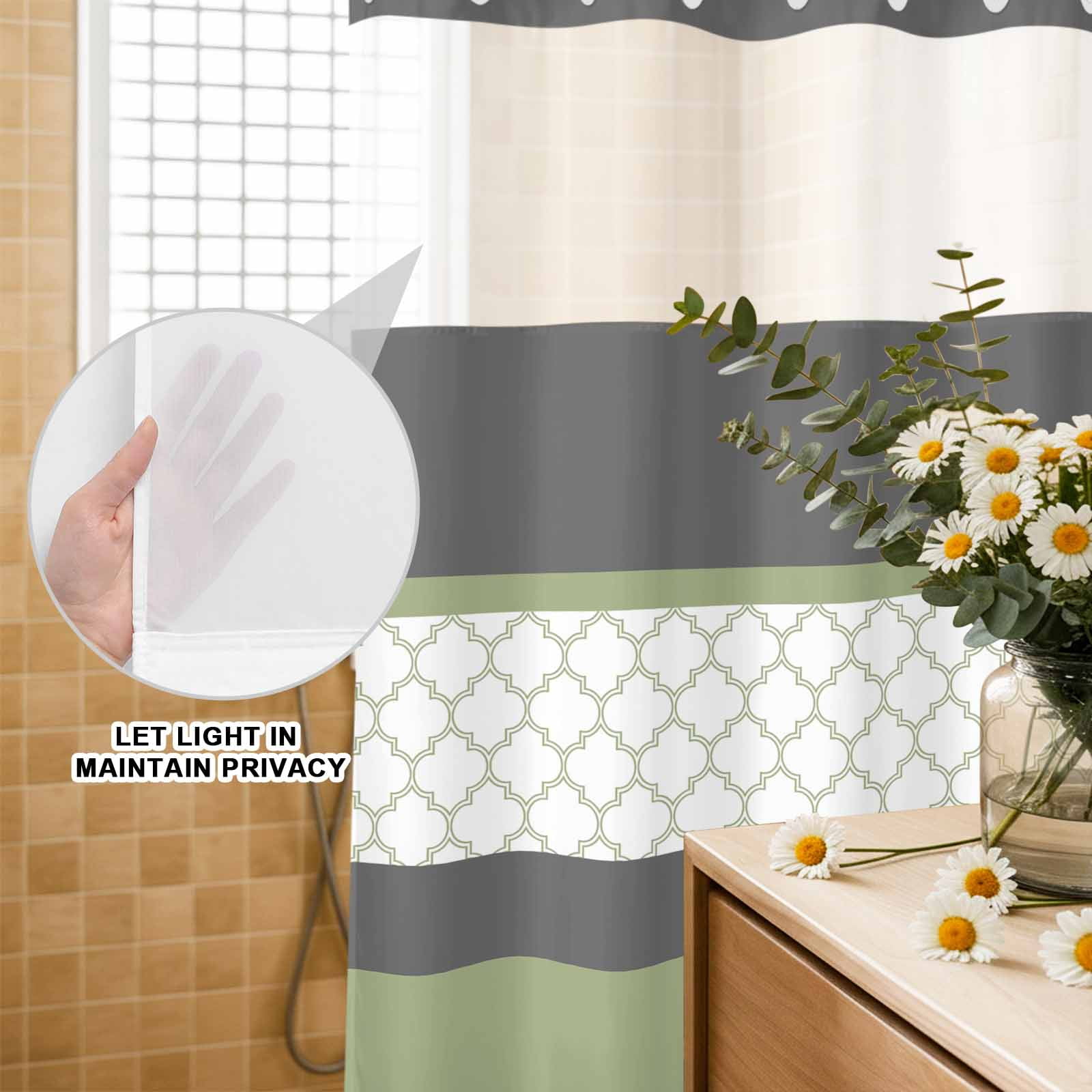 No Hook Shower Curtains for Bathroom Sage Green Morocco Waterproof Shower Curtain Restroom Decor Modern Stitching Geometric Striped Grey Bathtub Bath Curtains with See Through Top Window 60x72 Inch