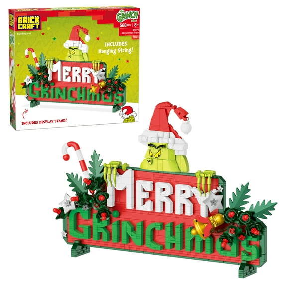 Brickcraft The Grinch Merry Grinchmas Sign Brick Building Kit (568-Piece Set), Christmas Decoration, Holiday Wall Hanging, Festive Display Brick Toy