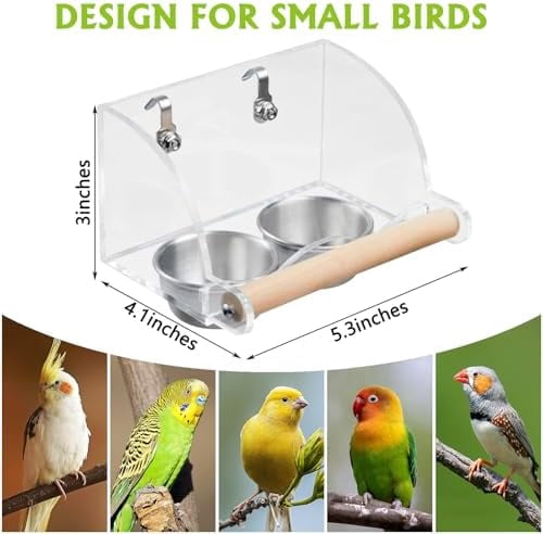 Bird Feeder for Cage with Double Stainless Steel Food & Water Bowls Anti-Slip Wood Perch Stand with No Mess Acrylic Seed Catcher for Parrot, Budgie, Parakeet, Lovebird, Canary, Finch (Hook)