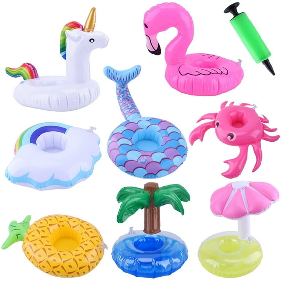 Inflatable Drink Floats, 8 Pack Inflatable Drink Holders Cup Coasters Swimming Drink Holder with Air Pump for Summer Pool Party